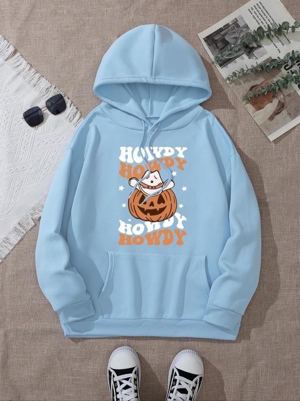 Women's Halloween Themed Letter Print Drop Shoulder Hoodie, Fashion Casual Drawstring Pocket Hooded Sweatshirt for Daily...