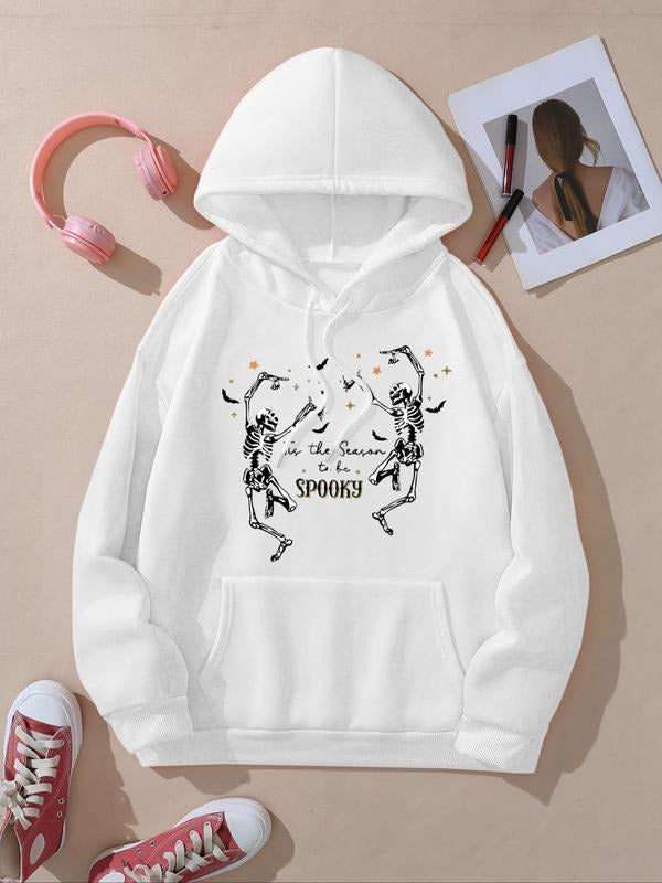 Women's Halloween Themed Skeleton & Letter Print Drop Shoulder Hoodie, Casual Drawstring Pocket Hooded Sweatshirt for...
