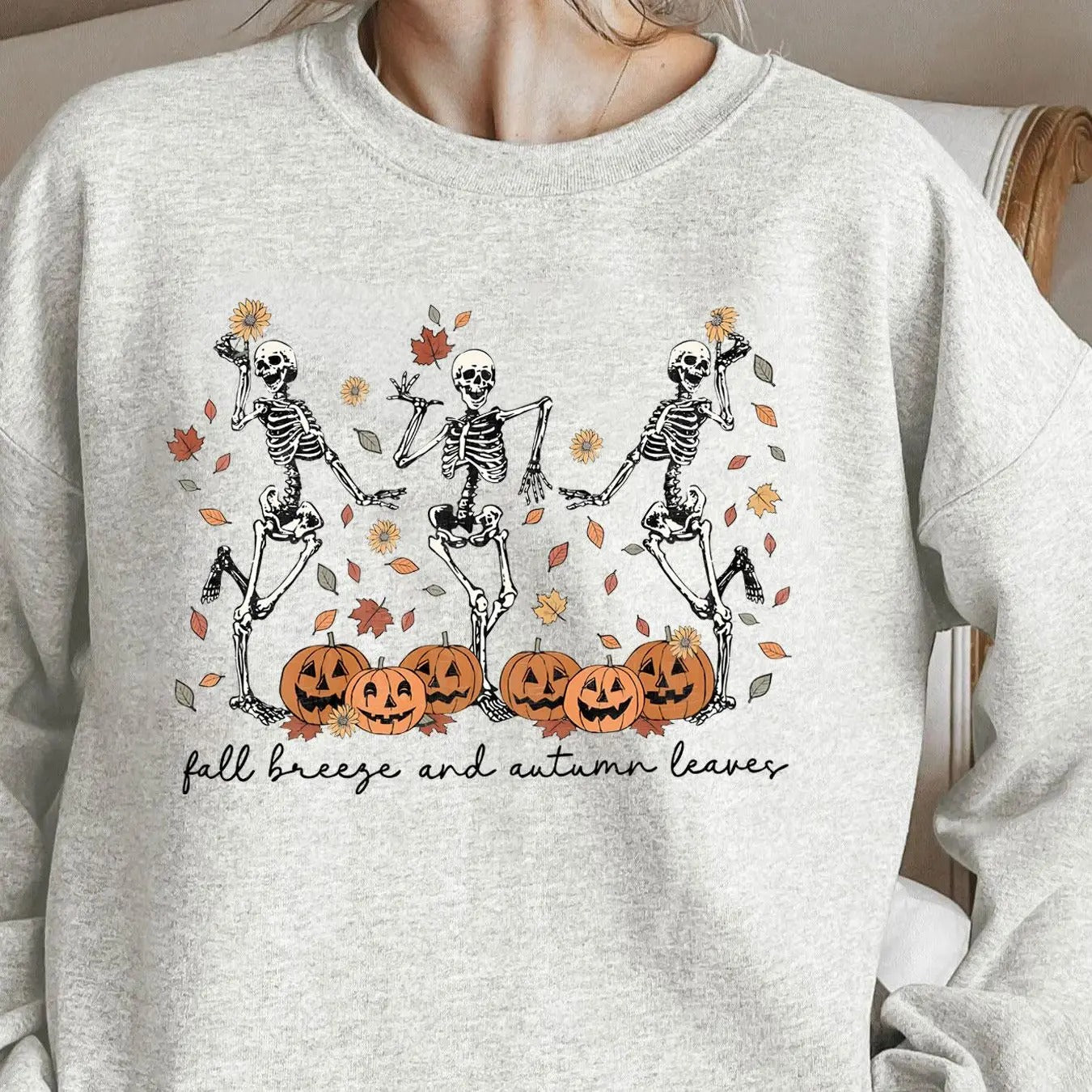 Women's Halloween Themed Skeleton & Pumpkin Print Drop Shoulder Sweatshirt, Casual Long Sleeve Round Neck Pullover for...