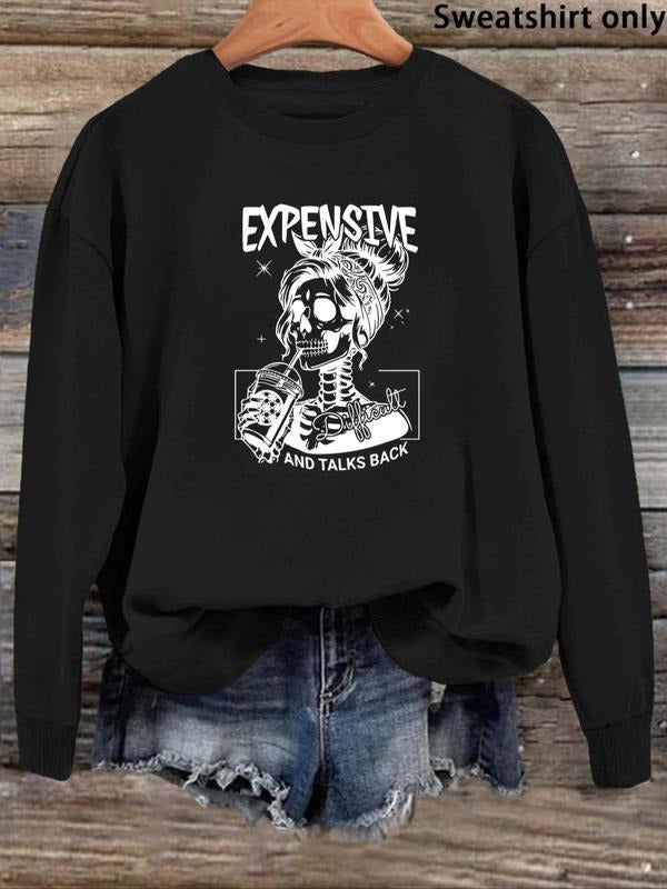 Women's Halloween Themed Skull & Letter Print Sweatshirt, Casual Drop Shoulder Long Sleeve Pullover, Women's Fall &...
