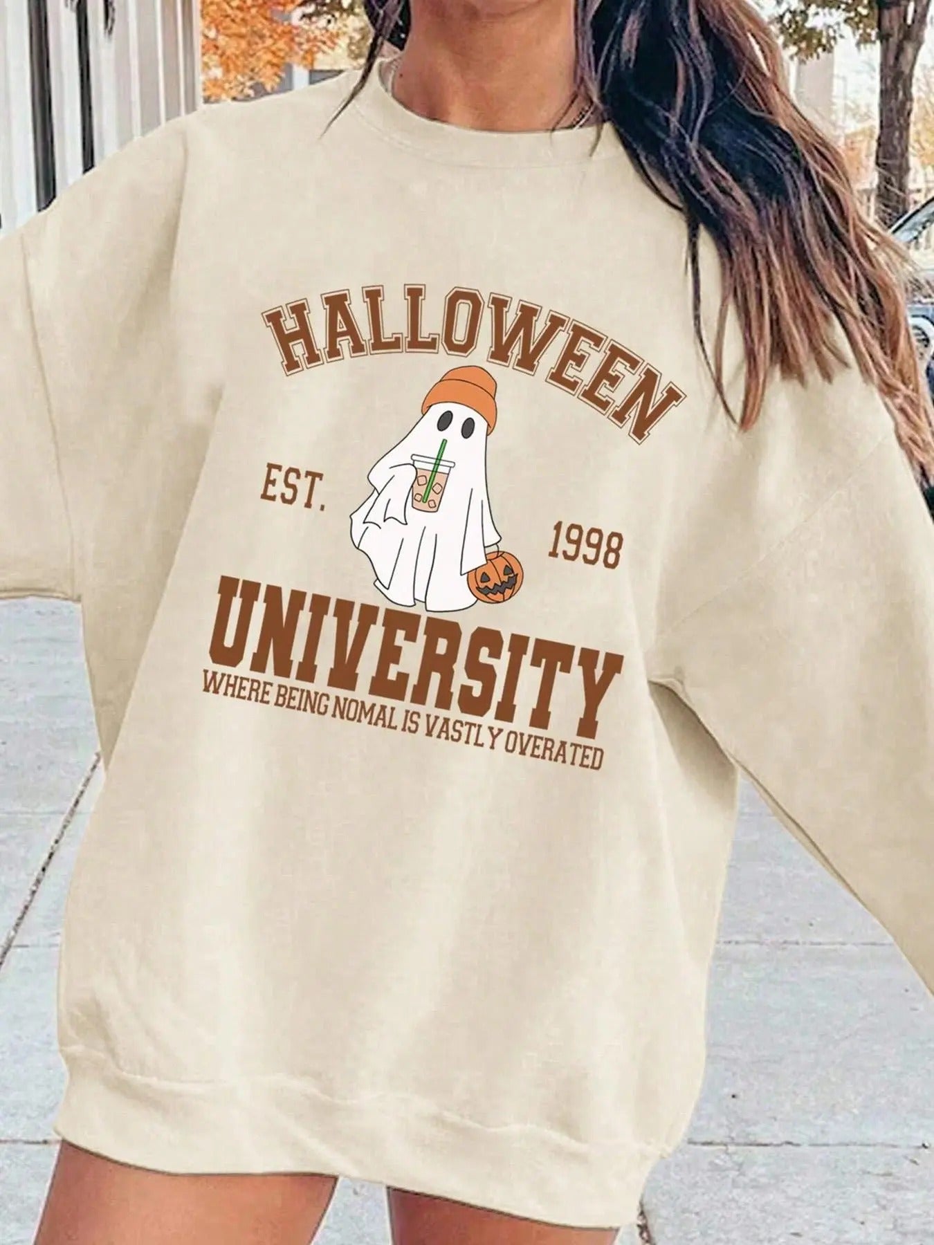 Women's Halloween Themed Sweatshirt, Casual Ghost & Pumpkin Print Long Sleeve Pullover, Women's Fall & Winter Clothes for...