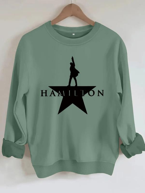 Women's Hamilton Music Graphic Round Neck Sweatshirt, Casual Fitted Long Sleeve Pullover, Medium Stretch, All-Season...