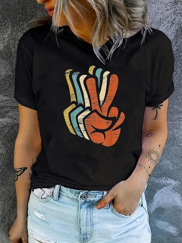 Women's Hand Print Round Neck Tee, Casual Short Sleeve Crew Neck T-Shirt, Women's Top for Daily Wear Hoodie, Sweatshirt
