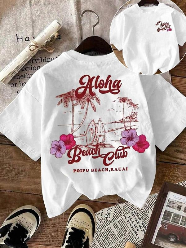 Women's Hawaii Beach Vacation Round Neck Graphic Tee, Casual Short Sleeve T-shirt for Daily Wear, Ladies Summer Outfit,...