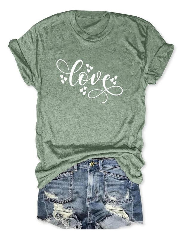 Women's Heart & "LOVE" Letter Print Round Neck Tee, Casual Short Sleeve Crew Neck T-shirt for Daily Wear, Ladies Clothes...