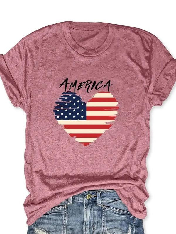 Women's Heart & American Flag Print Round Neck Tee, Fashion Casual Short Sleeve T-shirt for Daily Outdoor Wear, Ladies...