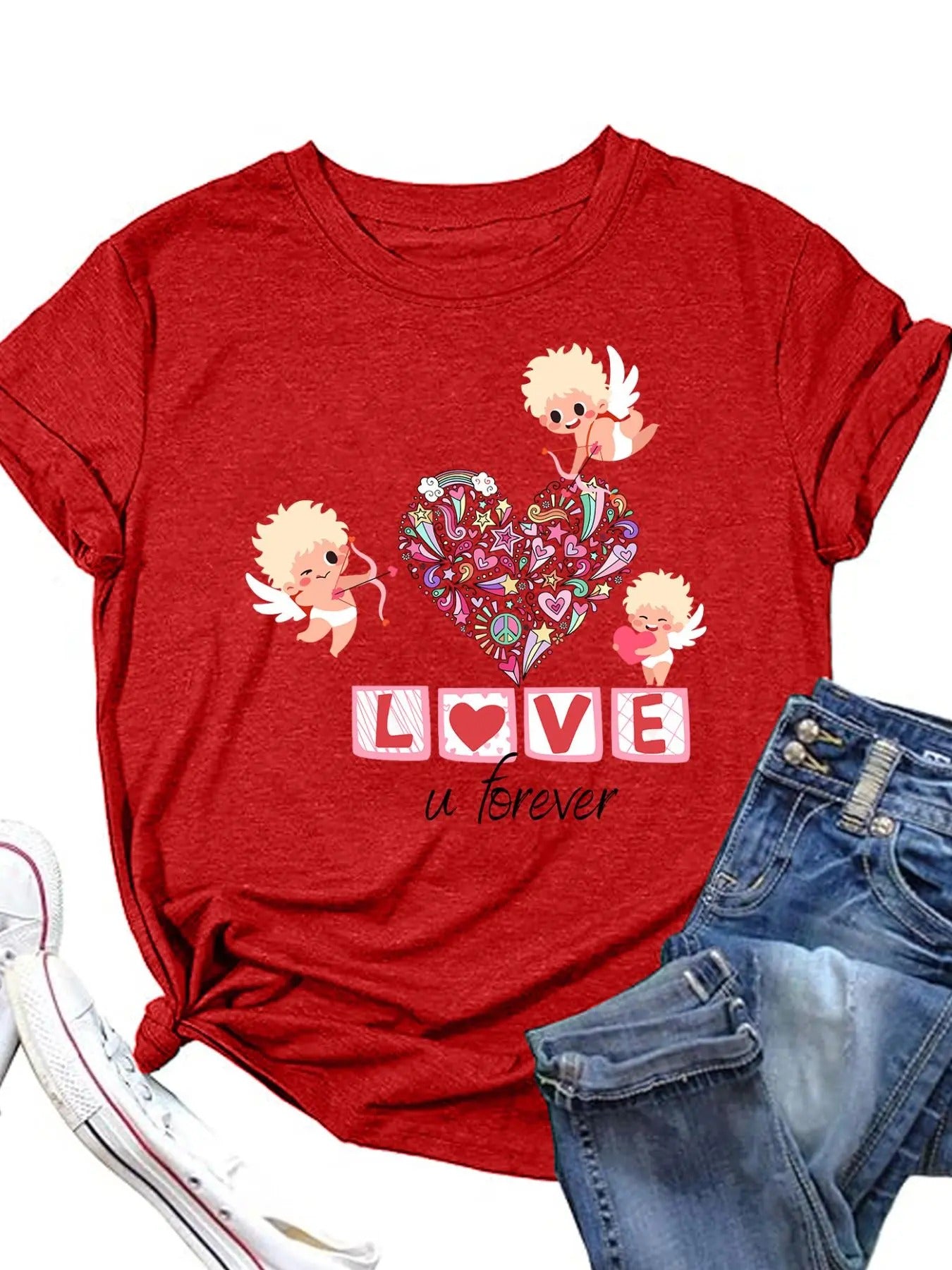 Women's Heart & Angel Print Round Neck Tee, Casual Short Sleeve T-shirt for Daily Wear, Ladies Clothes for Summer Hoodie,...