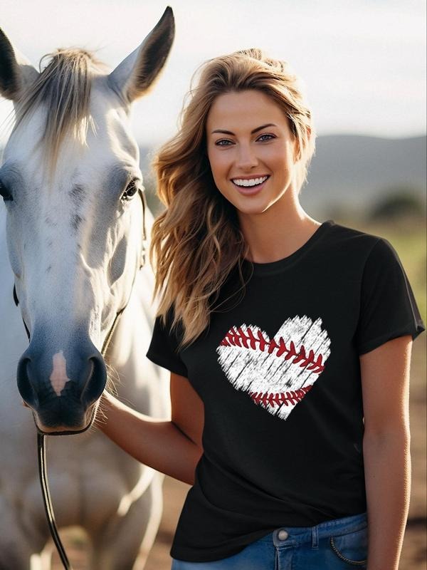 Women's Heart & Baseball Print Round Neck Graphic Tee, Vintage Trendy Casual Short Sleeve T-shirt For Daily Wear, Ladies...