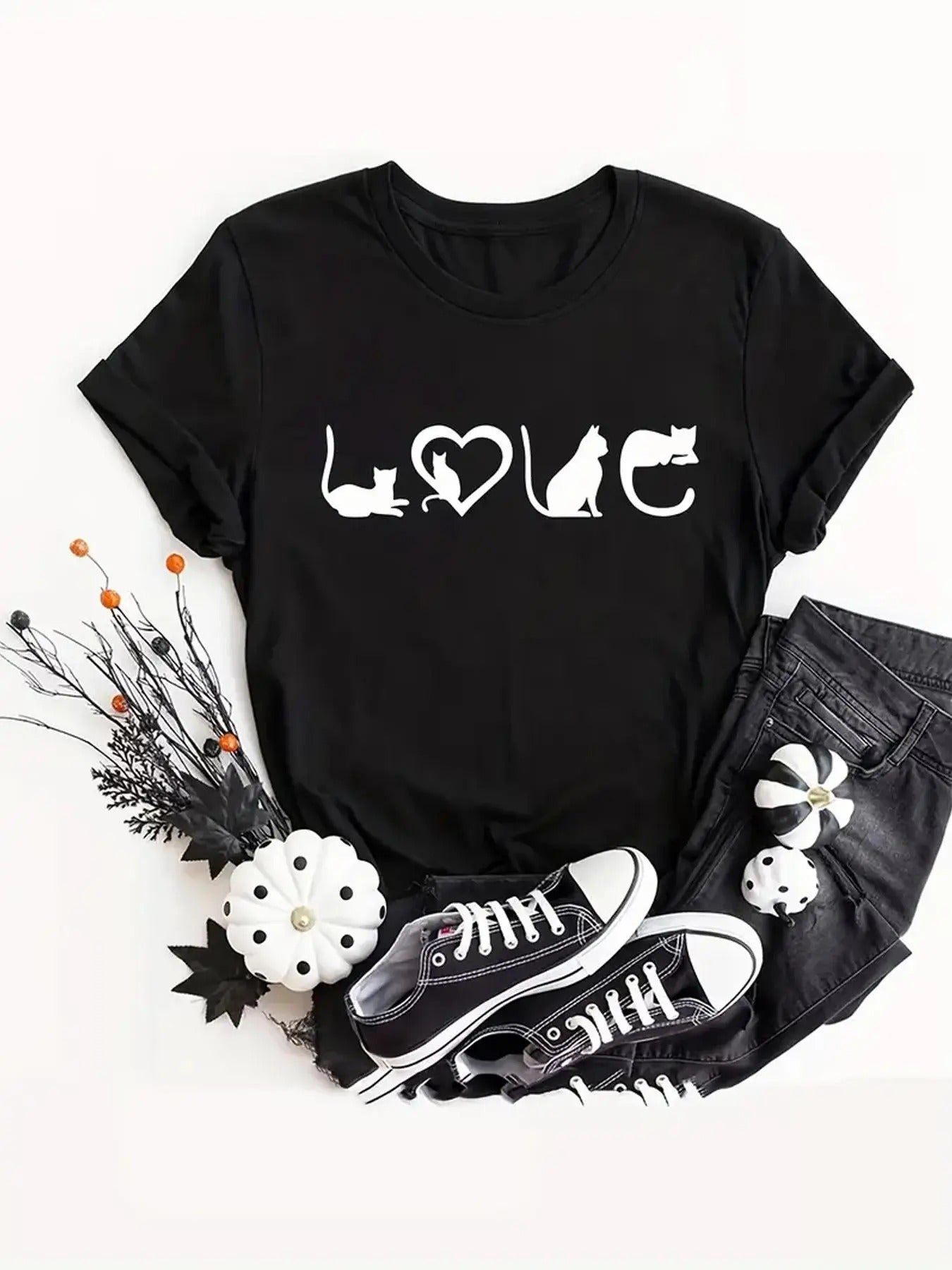 Heart & Cat Print Round Neck Casual Letter Short Sleeve Daily Summer T-Shirts, Hoodie, Sweatshirt