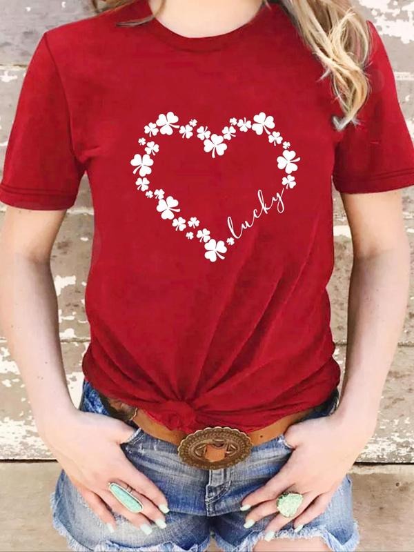 Women's Heart & Clover Print Round Neck Tee, Casual Short Sleeve T-shirt for Daily Wear, Ladies Summer Outfit Hoodie,...