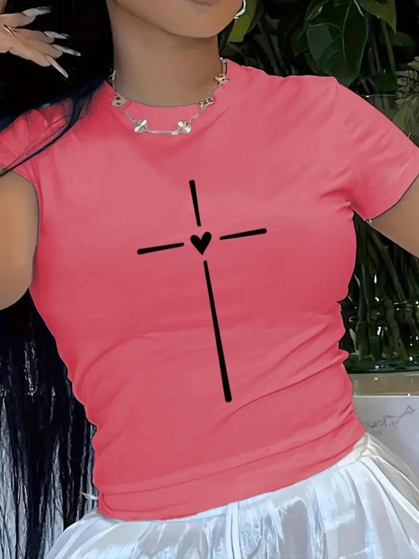 Women's Heart & Cross Print Round Neck Tee, Casual Short Sleeve Crew Neck T-Shirt for Summer, Fashion Women's Top for...