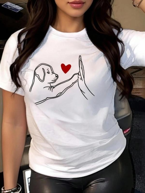 Heart & Dog Print Round Neck Casual Short Sleeve Summer Clothes Daily T-Shirts, Hoodie, Sweatshirt