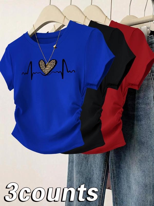 Heart & EKG Print Round Neck Casual Short Sleeve Daily Clothes All Seasons Top T-Shirts, Hoodie, Sweatshirt