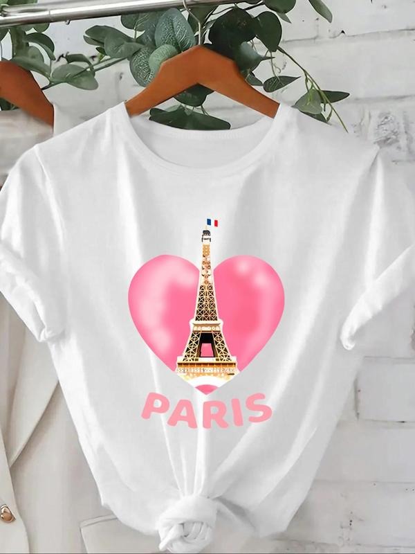 Women's Heart & Eiffel Tower Print Round Neck Tee, Casual Short Sleeve Crew Neck T-Shirt for Summer, Fashion Women's Top...
