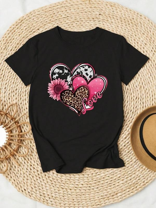 Women's Heart & Floral Print Round Neck Graphic Tee, Vintage Trendy Casual Short Sleeve T-shirt for Daily Wear, Ladies...