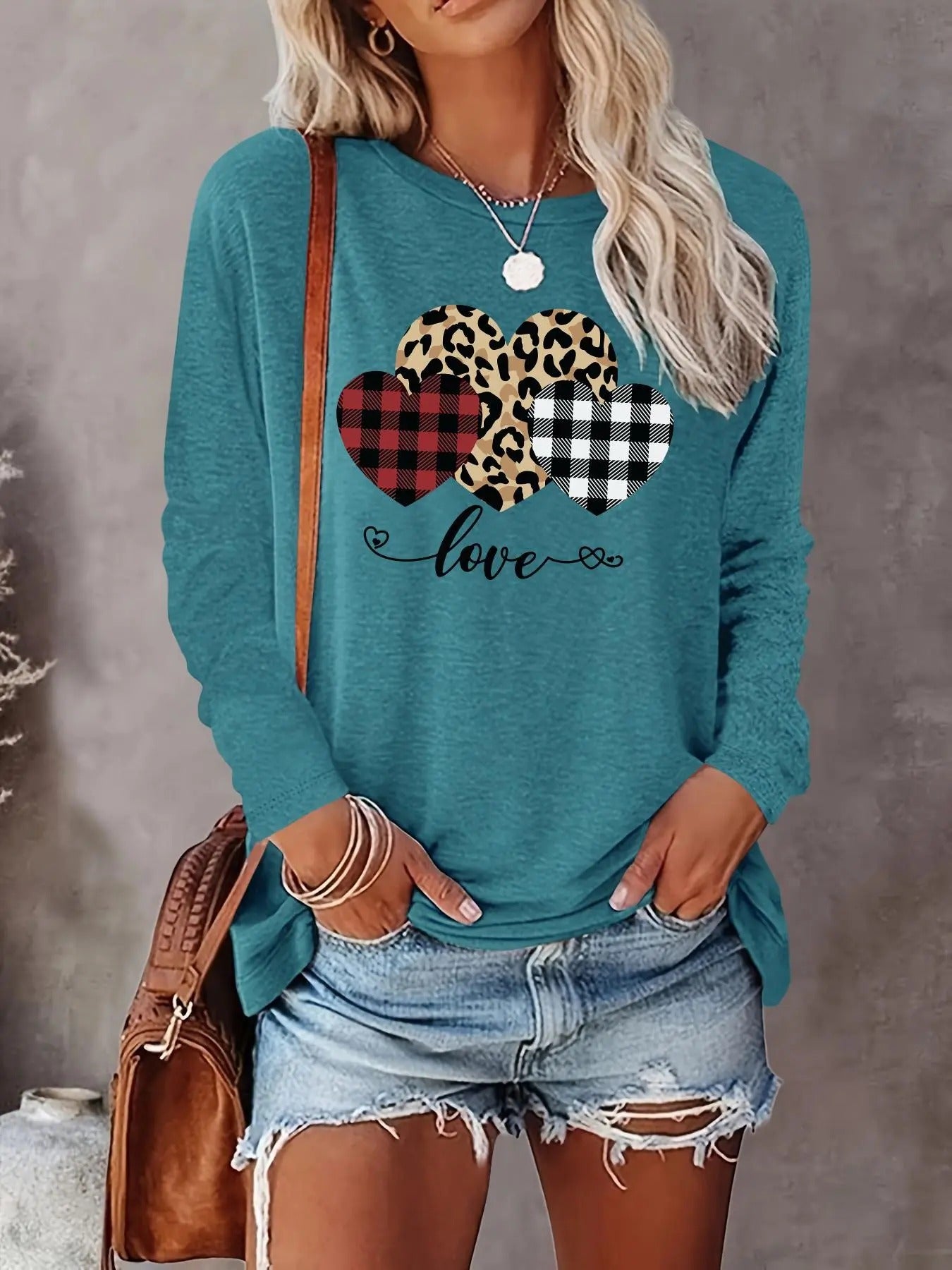 Heart & Leopard Print Round Neck Casual Long Sleeve Crew Neck Fall & Winter Top Daily T-Shirts, Hoodie, Sweatshirt
