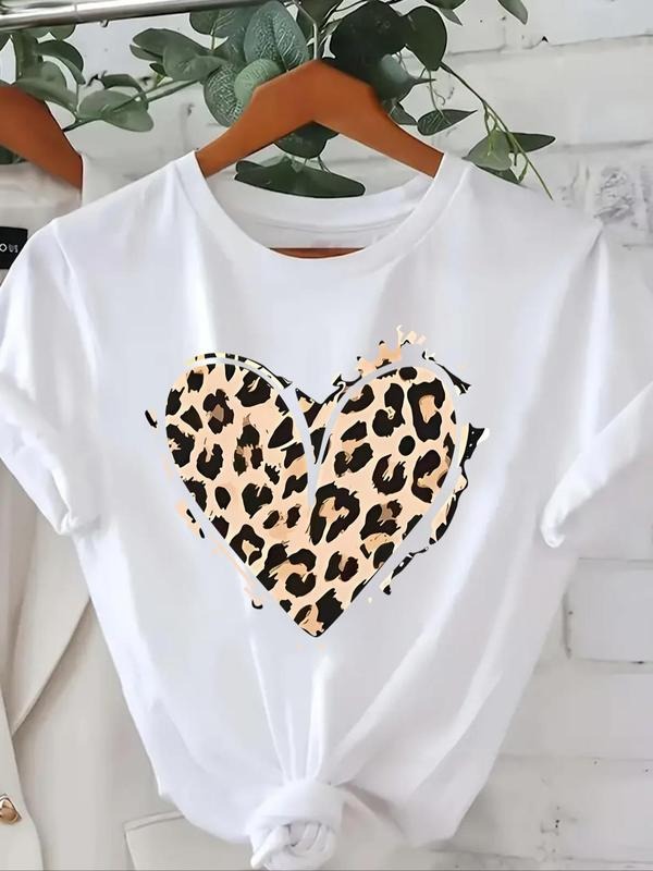 Women's Heart & Leopard Print Round Neck Tee, Casual Short Sleeve T-Shirt, Ladies Clothes for All Seasons Hoodie, Sweatshirt