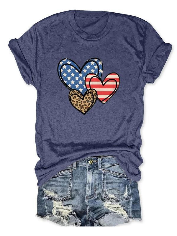 Women's Heart & Leopard Print Round Neck Tee, Fashion Casual Star & Striped Print Short Sleeve T-shirt for Daily Outdoor...