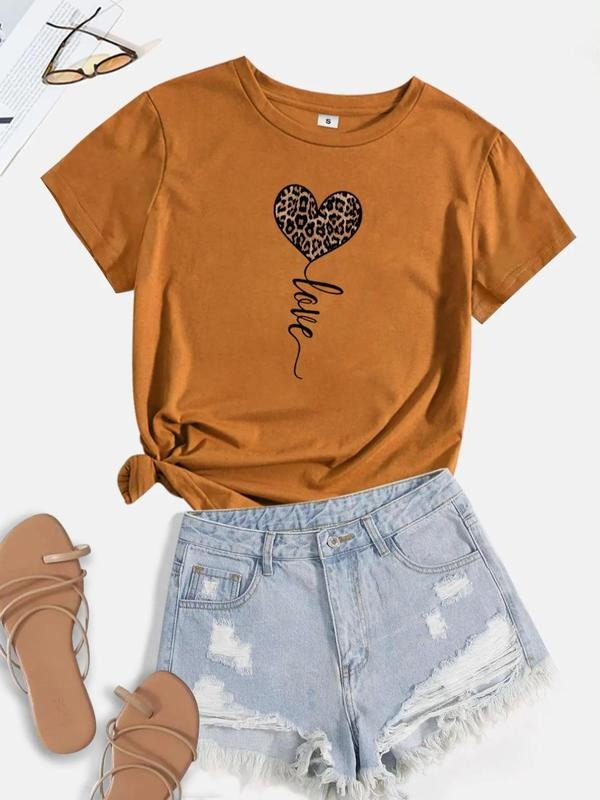 Women's Heart & Leopard Print Round Neck Tee, Summer Clothes, Casual Short Sleeve T-shirt for Daily Wear, Women's Summer...
