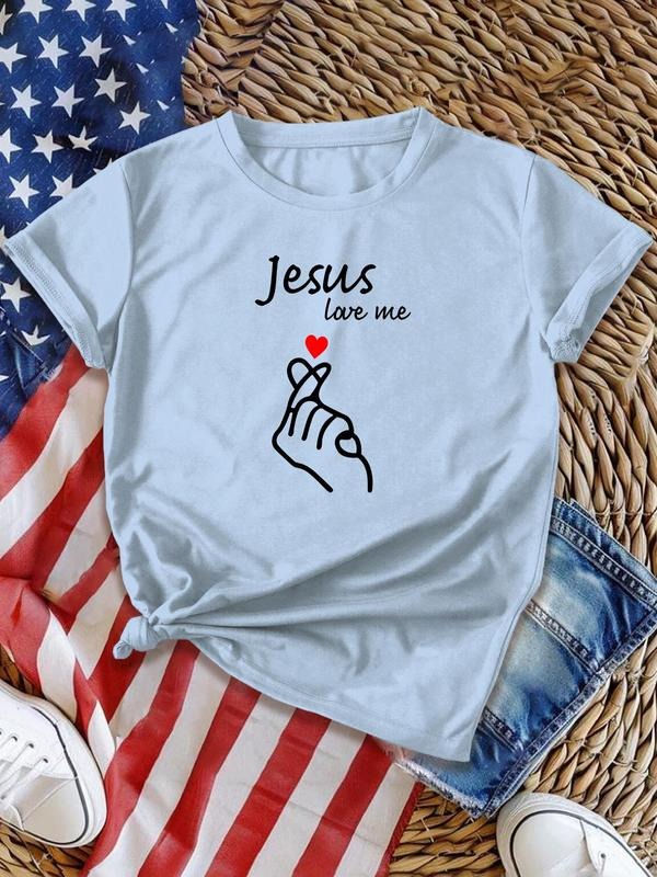 Women's Heart & Letter & Hand Print Round Neck Tee, Casual Short Sleeve  T-shirt for Daily Wear, Ladies Clothes for All...