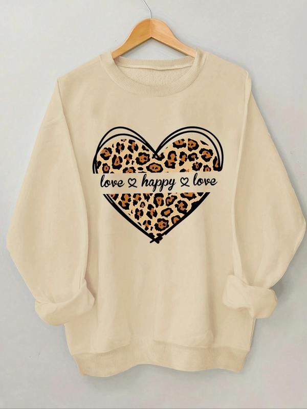 Women's Heart & Letter Leopard Print Sweatshirt, Casual Long Sleeve Crew Neck Pullover Sweatshirt for Daily Wear, Ladies...