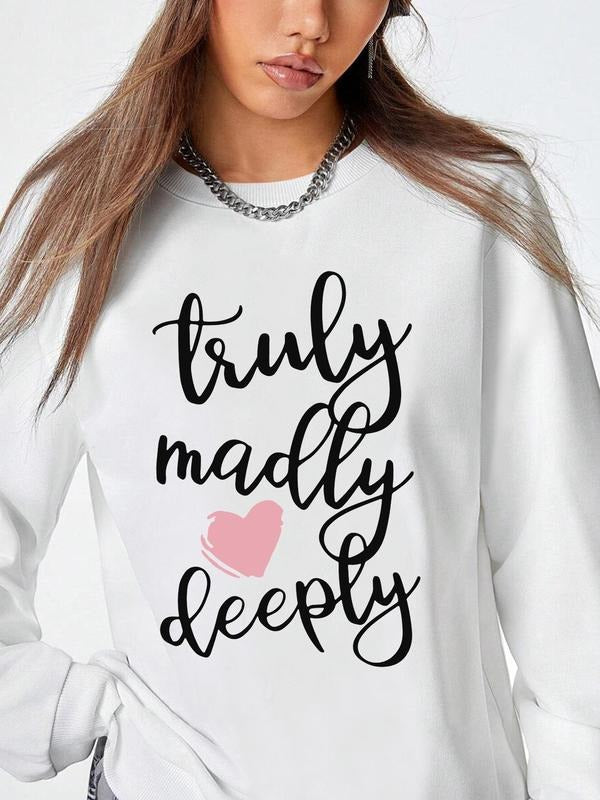 Women's Heart & Letter Print Crew Neck Sweatshirt, Casual Drop Shoulder Long Sleeve Pullover, Women's Fall & Winter...