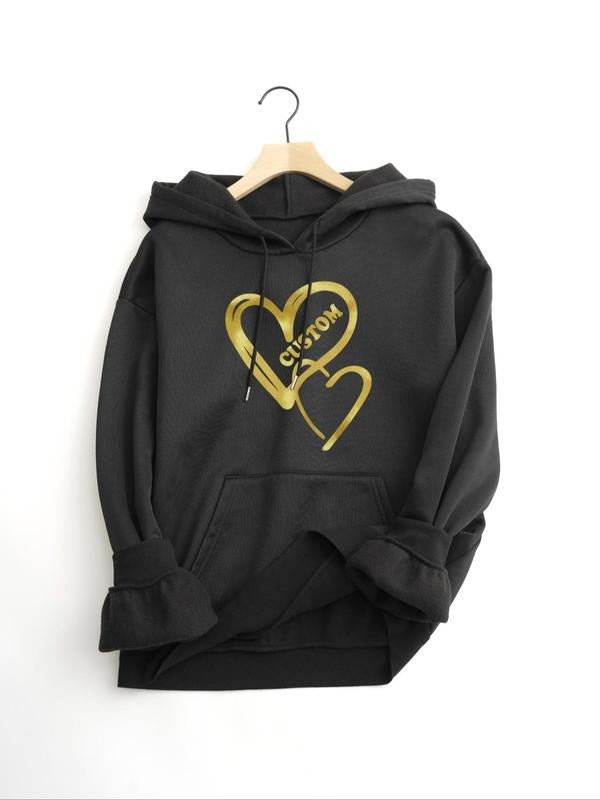 Women's Heart & Letter Print Drop Shoulder Hoodie with Kangaroo Pocket Design, Fashion Drawstring Pocket Graphic Printed...