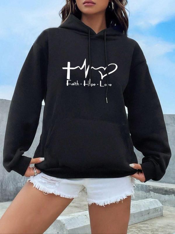 Women's Heart & Letter Print Drop Shoulder Hoodie, Casual Drawstring Pocket Hooded Sweatshirt for Daily Wear, Ladies...