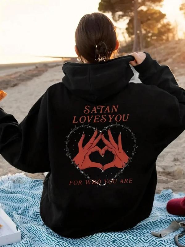 Women's Heart & Letter Print Drop Shoulder Hoodie, Fashion Casual Drawstring Kangaroo Pocket Hooded Sweatshirt for Daily...