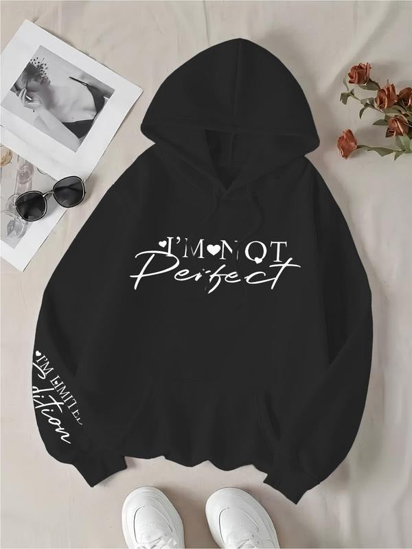 Women's Heart & Letter Print Drop Shoulder Hoodie, Fashion Casual Drawstring Pocket Hooded Sweatshirt for Daily Holiday...