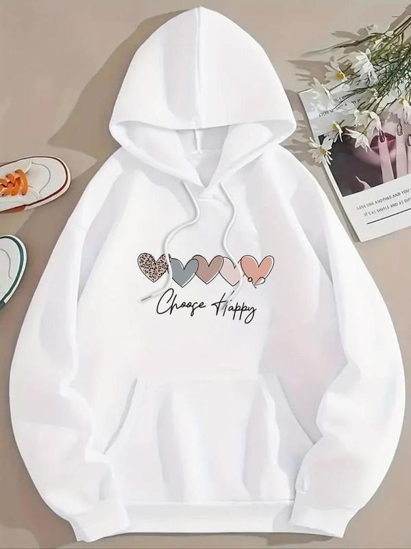 Women's Heart & Letter Print Drop Shoulder Hoodie, Fashion Casual Drawstring Pocket Hooded Sweatshirt for Daily Holiday...