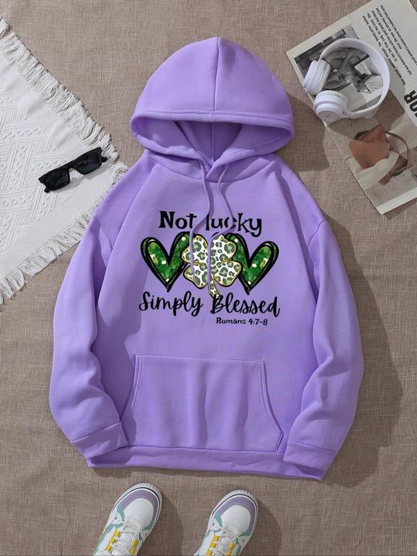 Women's Heart & Letter Print Drop Shoulder Hoodie, Fashion Casual Drawstring Pocket Hooded Sweatshirt for Daily Holiday...