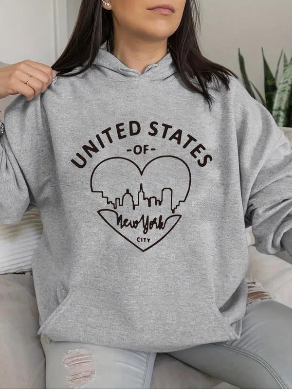 Women's Heart & Letter Print Drop Shoulder Hoodie, Fashion Casual Drawstring Pocket Hooded Sweatshirt for Daily Holiday...
