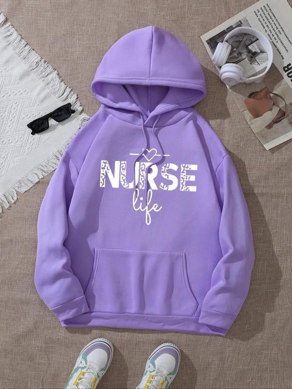 Women's Heart & Letter Print Drop Shoulder Hoodie, Fashion Casual Drawstring Pocket Hooded Sweatshirt for Daily Holiday...