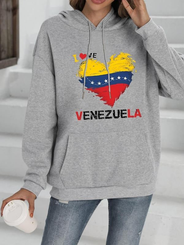 Women's Heart & Letter Print Drop Shoulder Hoodie, Fashion Casual Drawstring Pocket Hooded Sweatshirt for Daily Holiday...