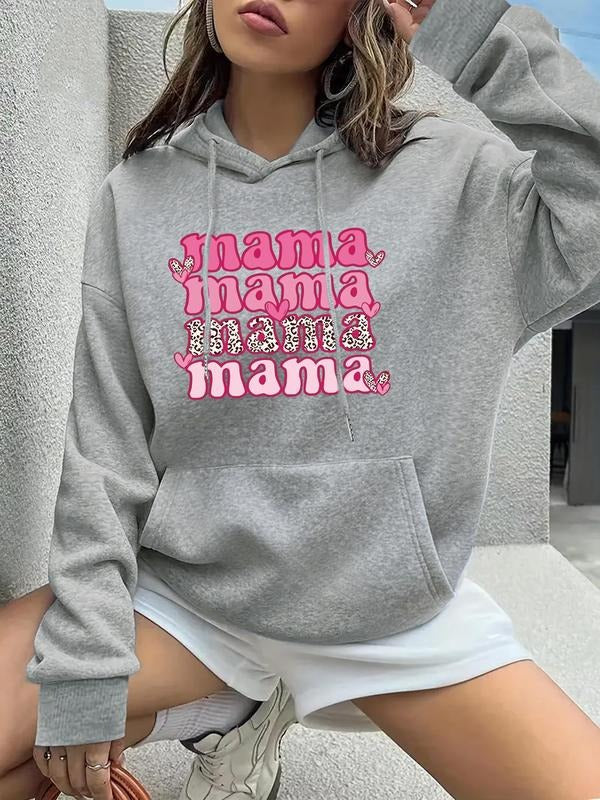 Women's Heart & Letter Print Drop Shoulder Hoodie, Fashion Casual Drawstring Pocket Hooded Sweatshirt for Daily Holiday...