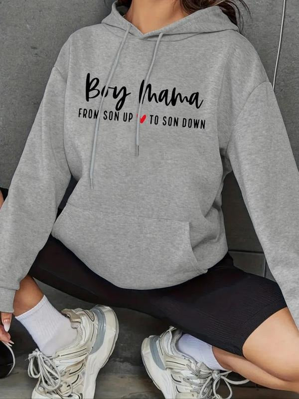 Women's Heart & Letter Print Drop Shoulder Hoodie, Fashion Casual Drawstring Pocket Hooded Sweatshirt for Daily Holiday...