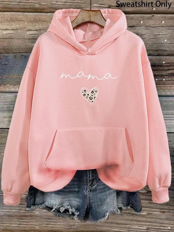 Women's Heart & Letter Print Drop Shoulder Hoodie, Fashion Casual Drawstring Pocket Hooded Sweatshirt for Daily Holiday...