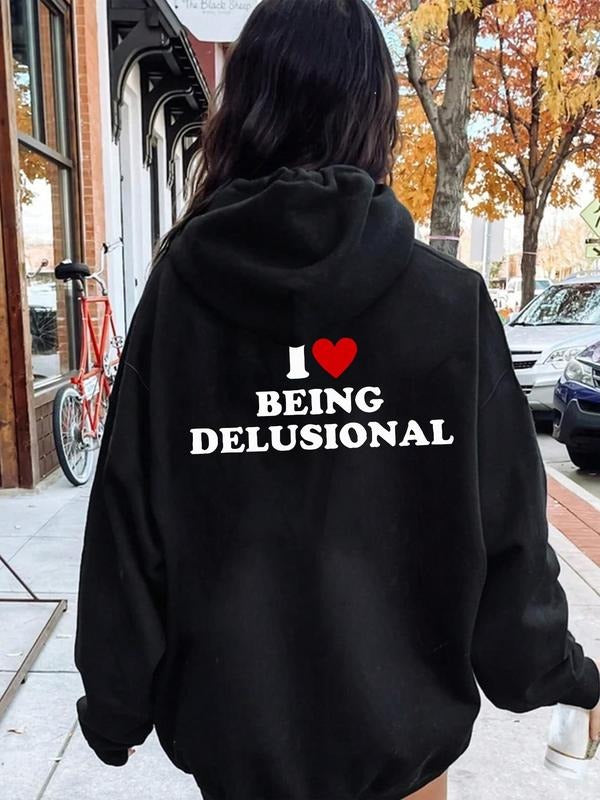 Women's Heart & Letter Print Drop Shoulder Hoodie, Fashion Casual Drawstring Pocket Hooded Sweatshirt for Daily Holiday...