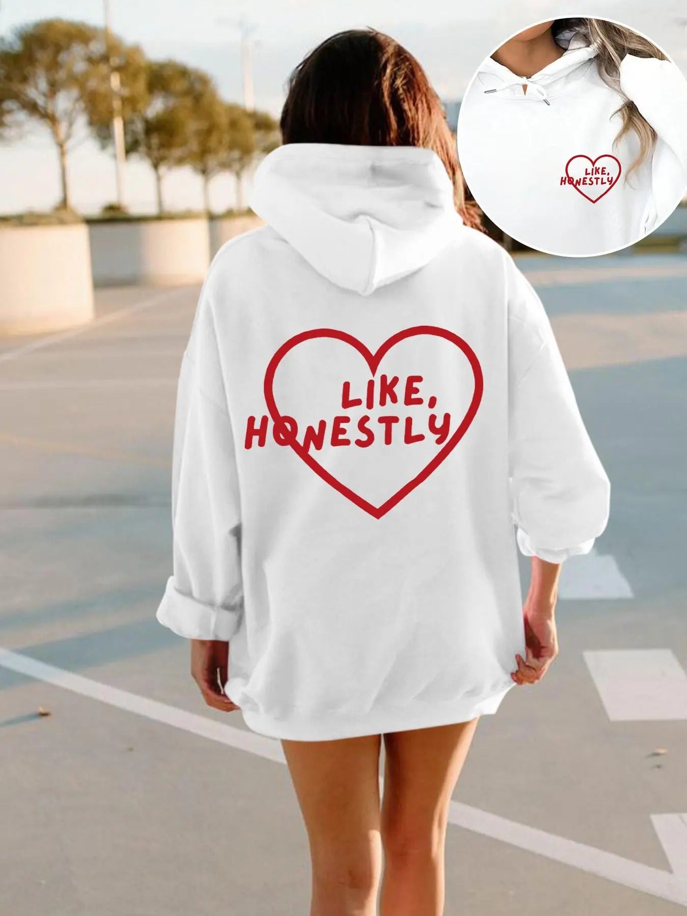Women's Heart & Letter Print Drop Shoulder Hoodie, Fashion Casual Drawstring Pocket Hooded Sweatshirt for Daily Holiday...