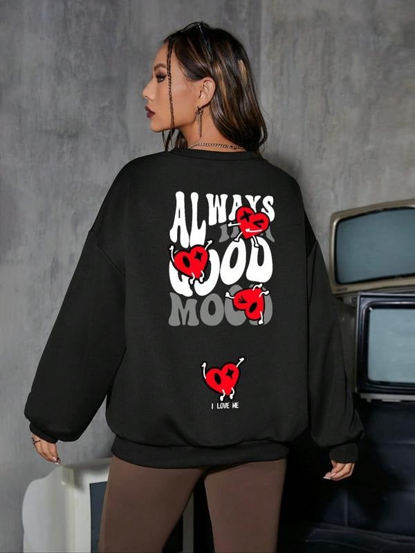 Women's Heart & Letter Print Drop Shoulder Pullover, Fashion Casual Crew Neck Sweatshirt for Daily Holiday Outdoor Wear,...