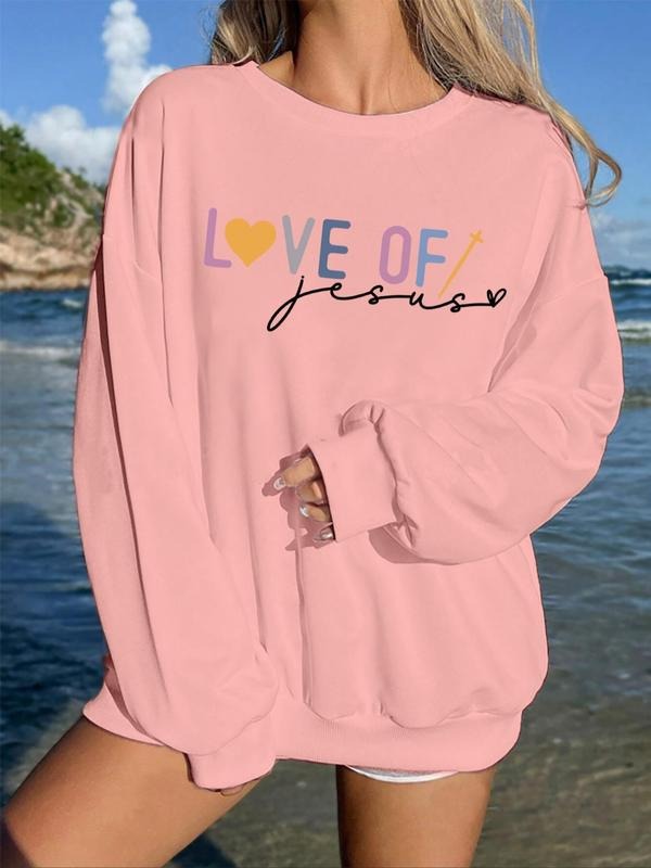 Women's Heart & Letter Print Drop Shoulder Sweatshirt, Casual Long Sleeve Round Neck Pullover for Fall & Winter, Ladies...