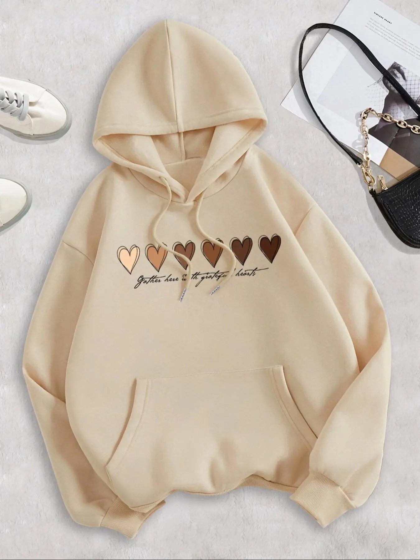 Women's Heart & Letter Print Hoodie, Fashion Casual Drawstring Pocket Hooded Sweatshirt for Daily Holiday Outdoor Wear,...