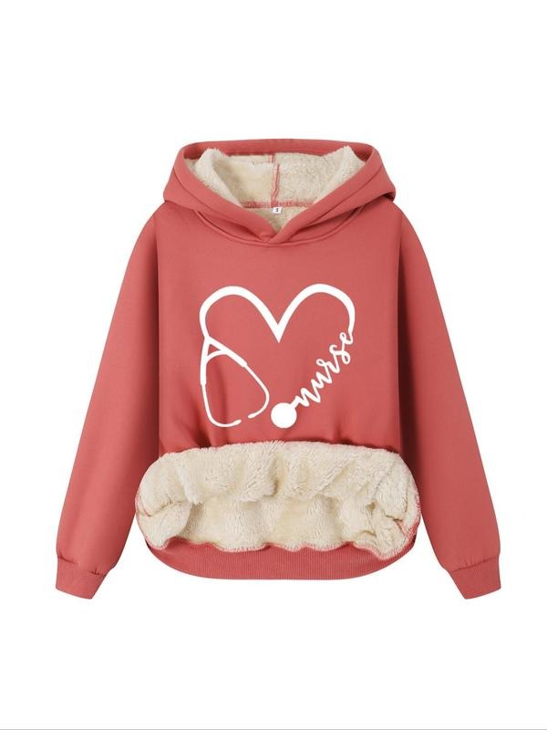 Women's Heart & Letter Print Plush Hoodie, Casual Long Sleeve Hooded Sweatshirt for Fall & Winter, Women's Top for Daily...