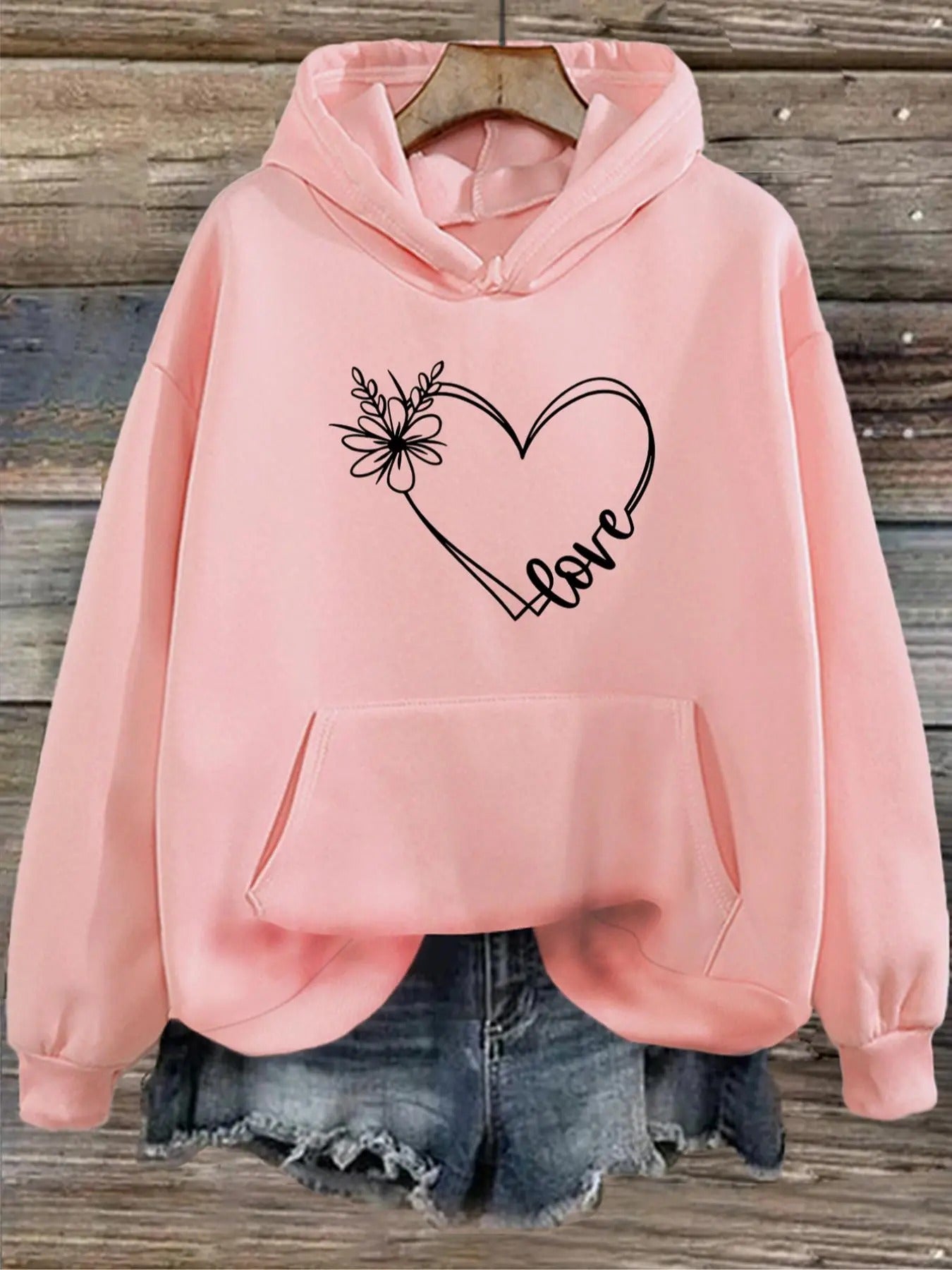 Women's Heart & Letter Print Pocket Hoodie, Casual Kangaroo Pocket Hooded Sweatshirt for Daily Wear, Ladies Fall & Winter...