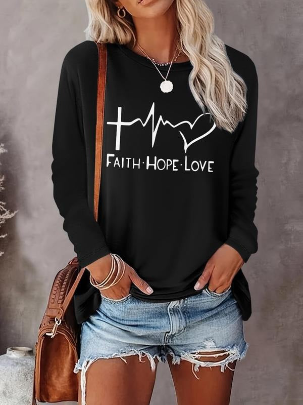 Heart & Letter Print Round Neck Casual Long Sleeve Crew Neck Fall & Winter Top Daily T-Shirts, Hoodie, Sweatshirt