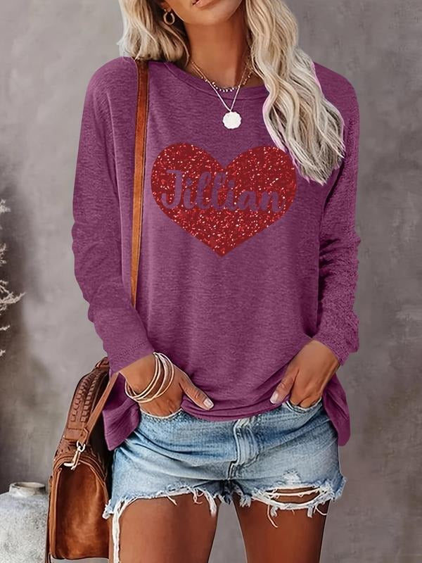 Heart & Letter Print Round Neck Casual Long Sleeve Crew Neck Fall & Winter Top Daily Wearstyle{N002}2 T-Shirts, Hoodie, Sweatshirt