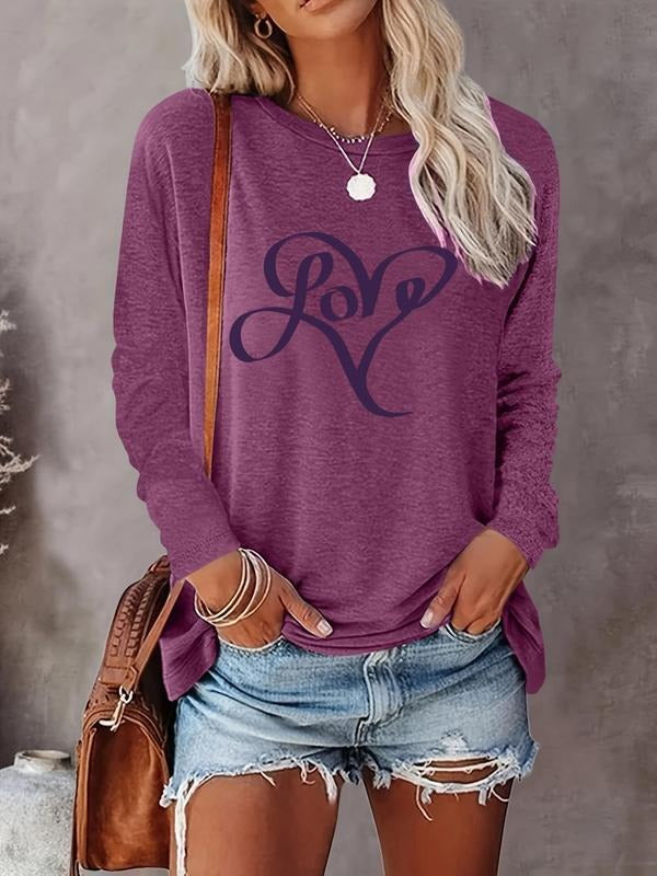 Women's Heart & Letter Print Round Neck Tee, Casual Long Sleeve Crew Neck T-shirt for Spring & Fall, Women's Top for...