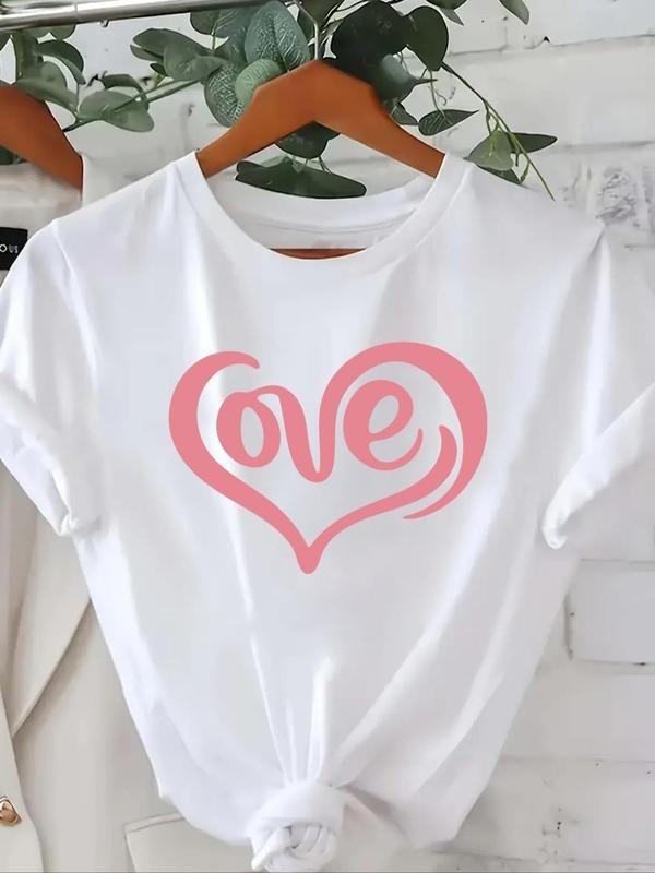 Women's Heart & Letter Print Round Neck Tee, Casual Short Sleeve  T-shirt for Fall & Winter, Fashion Ladies' Top for...