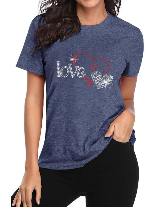 Women's Heart & Letter Print Round Neck Tee, Casual Short Sleeve Crew Neck T-Shirt for Daily Wear, Ladies Clothes for All...
